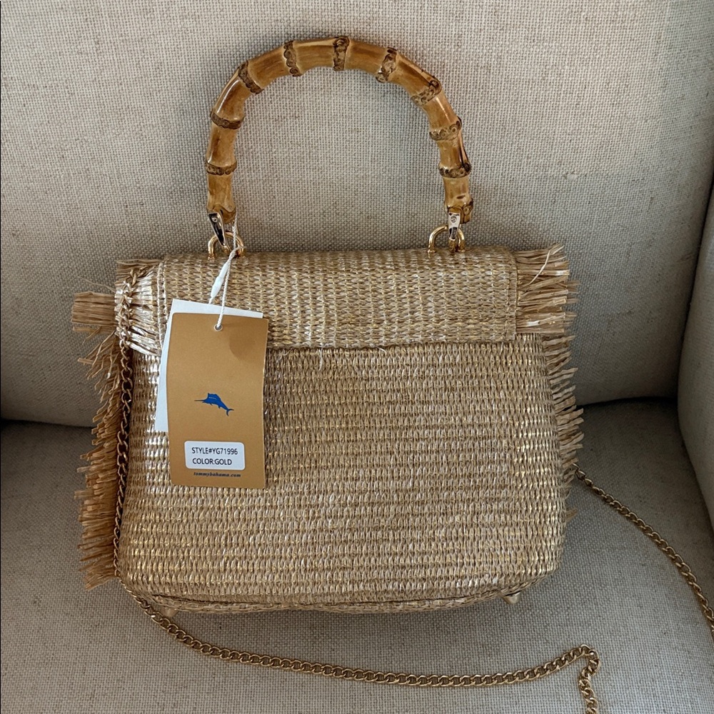 NWT Tommy Bahama Woven Straw & Shimmer Gold Fringe Bag w/Bamboo Handle - Picture 7 of 8